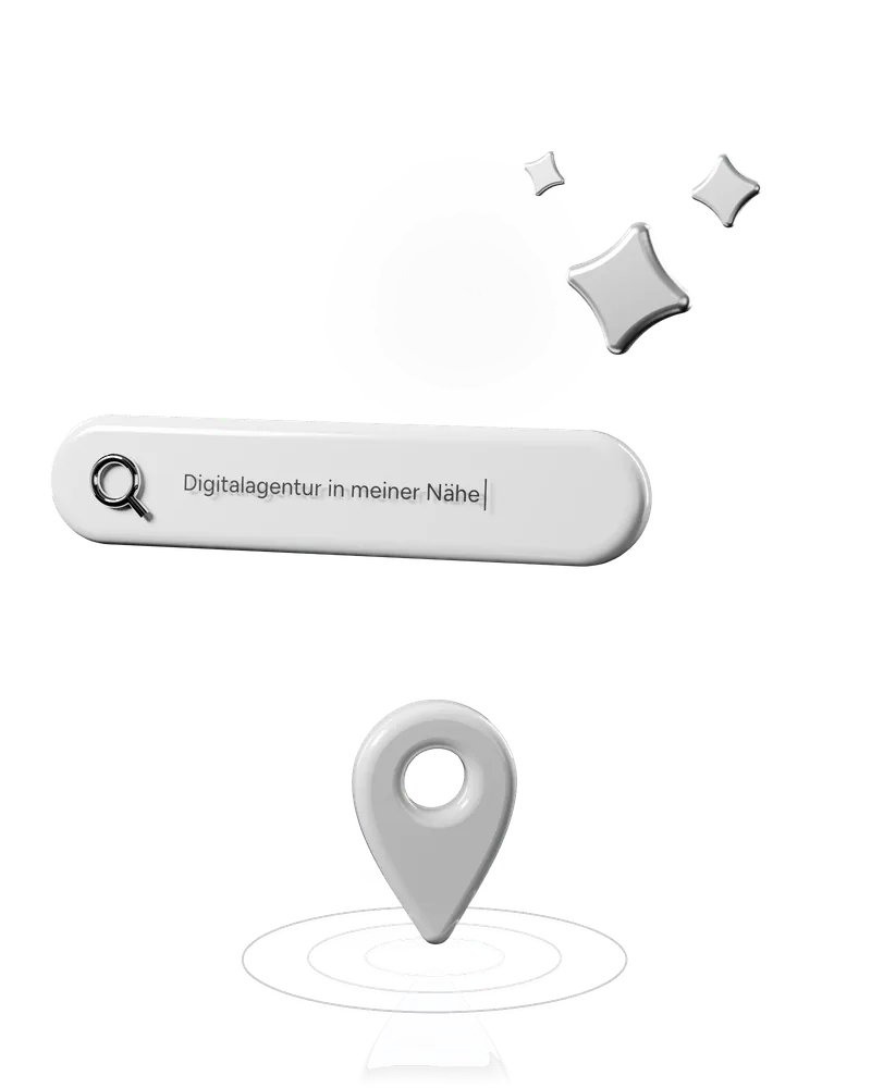 Suchleiste mit Lupe, darunter ein weißer Standort-Pin mit Ortungsringen, darüber funkelnde Sterne (Symbolbild für SEO und KI-Sichtbarkeit)