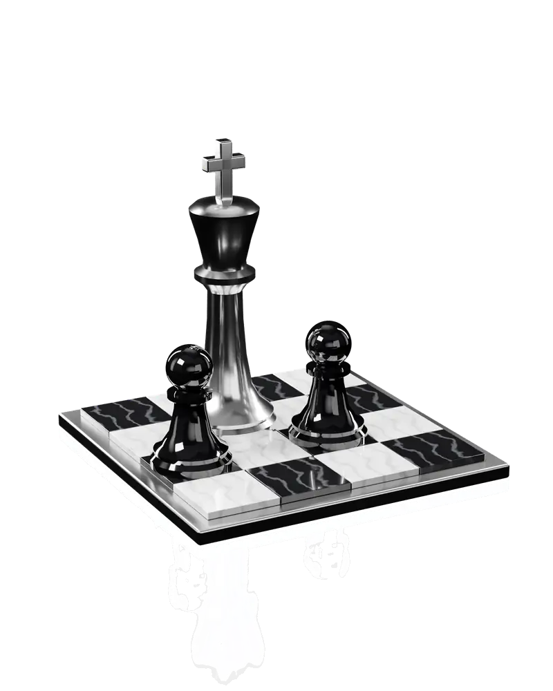 Schachkönig aus Silber auf einem Marmor-Schachbrett mit schwarzen Bauern (Symbolbild für Strategie)